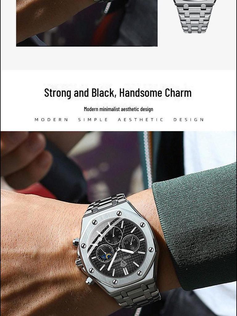 Высококачественные водонепроницаемые многофункциональные мужские часы с фазой Луны и стальным браслетом