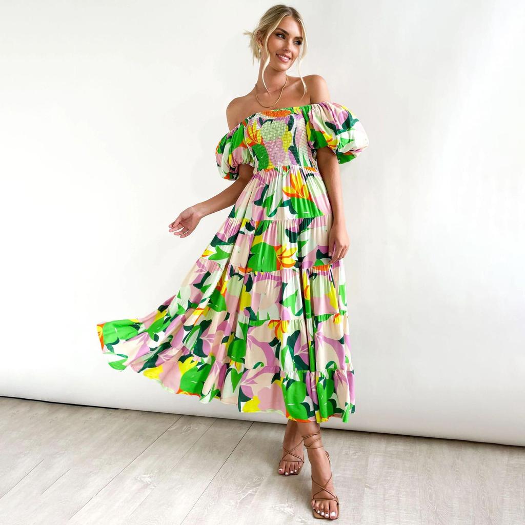 Летнее женское модное плиссированное платье без бретелек длиной до щиколотки с коротким рукавом и принтом