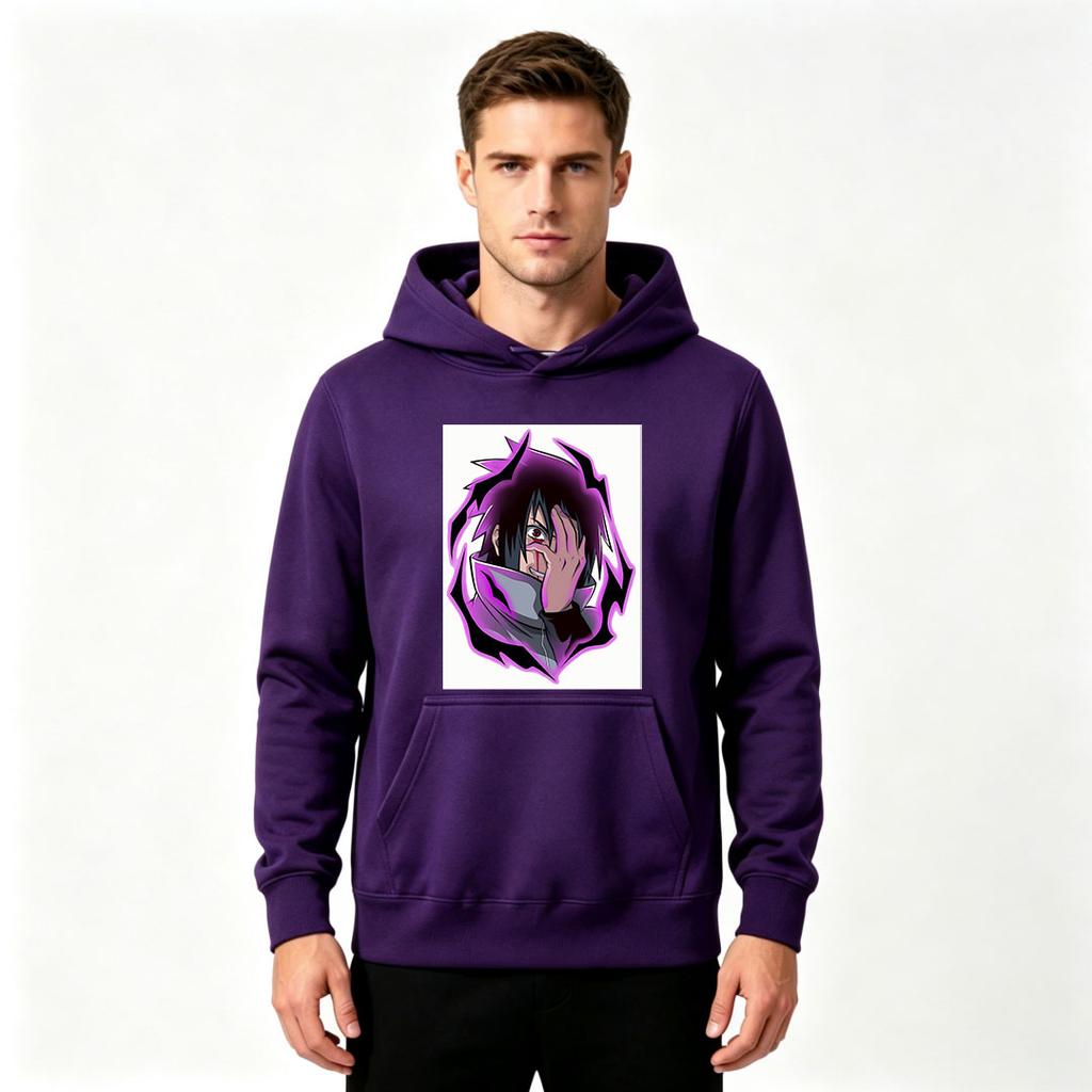 Men's Anime Print Pullover Hoodie Casual Long Sleeve Sweatshirt with Purple Glow Character Pattern