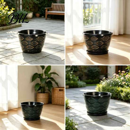 Plastic Flower Pots with Trays 11 Inch Pots, Leaf Embossed Planters Drainage Hole, Retro Rose Planting Indoor Outdoor Plant Pot for Balcony