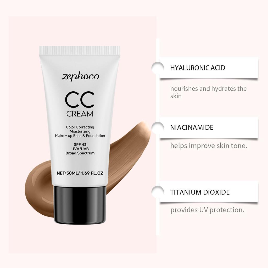 zephoco СС Крем Тональная основа Защита от УФ-лучей Увлажняющая база под макияж Коррекция цвета Косметика 43 SPF Крем для лица Тональная основа