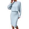 2 Pcs/Set Women Top Dress Suit Mock Collar Thread Long Sleeve Sweater V Neck Sheath Slim