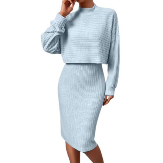 2 Pcs/Set Women Top Dress Suit Mock Collar Thread Long Sleeve Sweater V Neck Sheath Slim