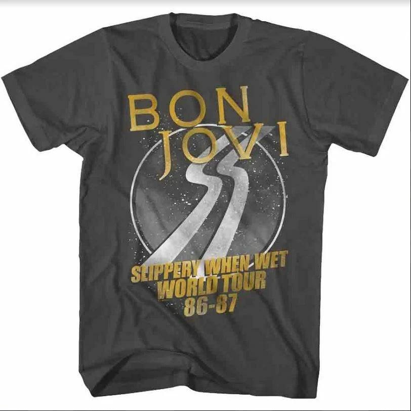 Bon Jovi Slippery When We Мировой Тур 86-87 Мужская Футболка Музыкальный Мерч