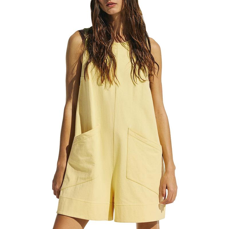 Летние женские свободные цельные шорты, однотонный хлопковый льняной жилет, повседневный комбинезон