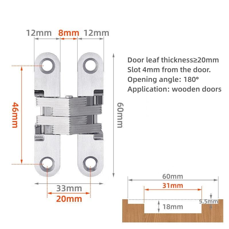 Hidden Gate Hinge Stainless Steel Invisible Door Hinges Concealed Barrel Wooden Box Silver