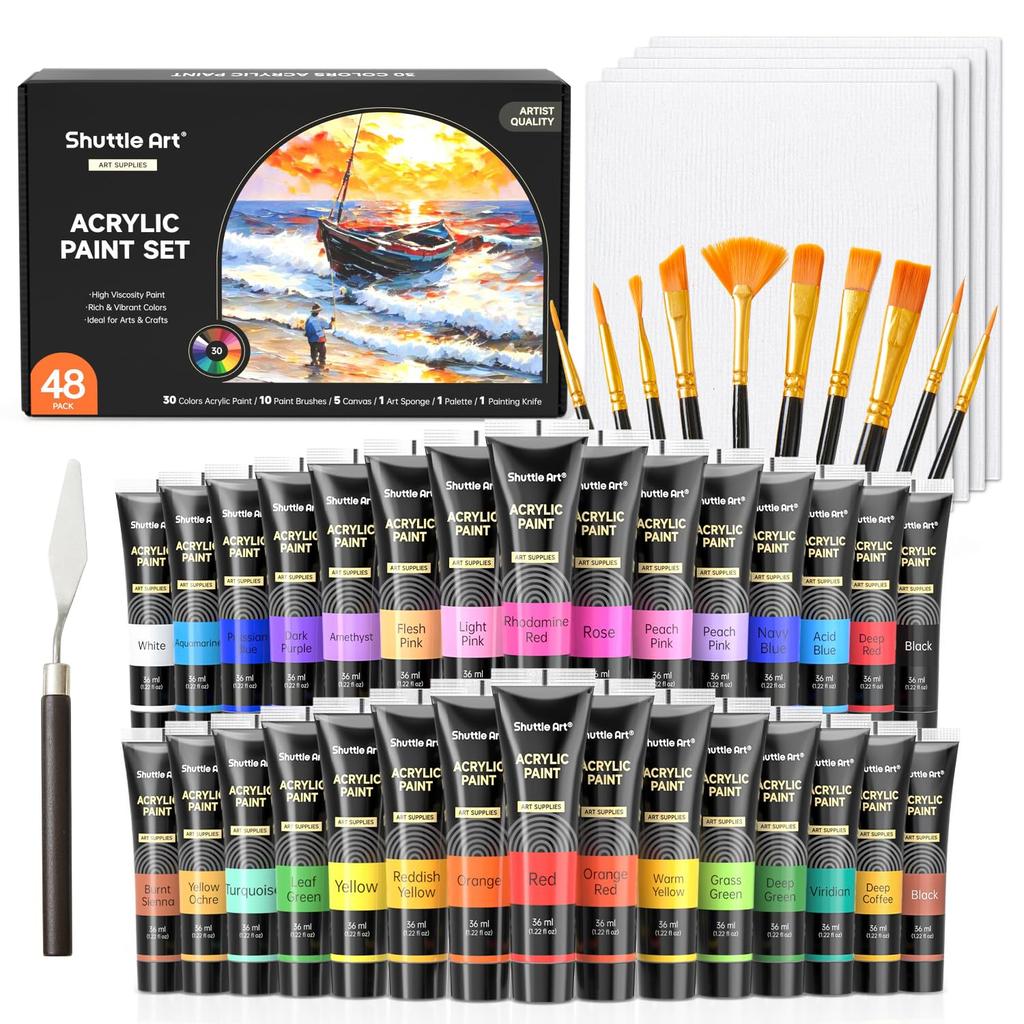 Shuttle Art Acrylic Paint, Acrylic Pigment, 48 Piece Set, 30 Colors, 10 Paint Brushes, Includes Parate, Quick Dry, Durable, Tube, 36ml, Handmade, Can
