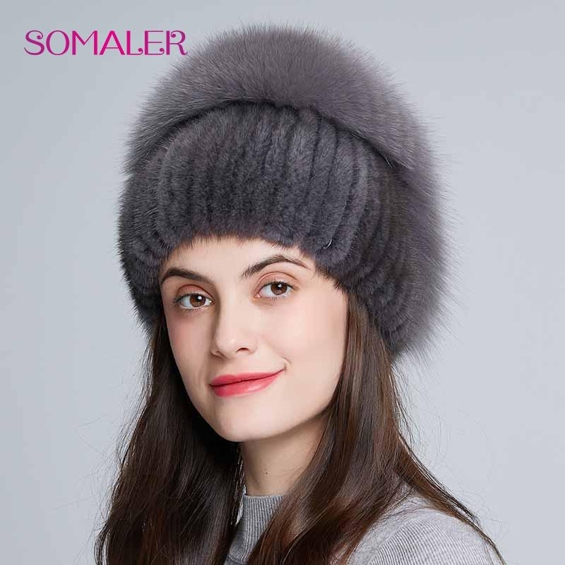 SOMALER Зимние шапки из натурального норкового меха для женщин, вязаная меховая шапка с узором розы, шерстяная подкладка, зимние шапки