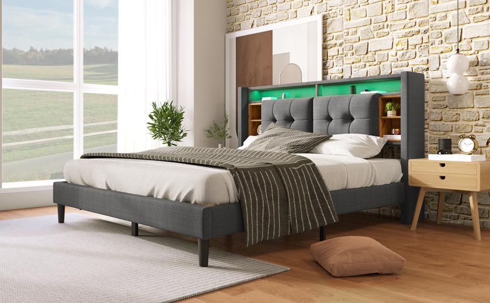 Upholstered Bed Double Bed Storage Headboard with Charging USB and LED Lighting Bed Frame Slatted Base of Wood, 140*200CM Grey (Without Mattress)