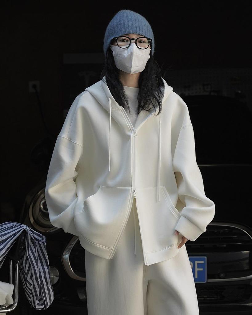 Louvre Ранняя осень Корейский стиль с капюшоном Air Layer кардиган свитер - Свободная повседневная куртка на молнии для женщин