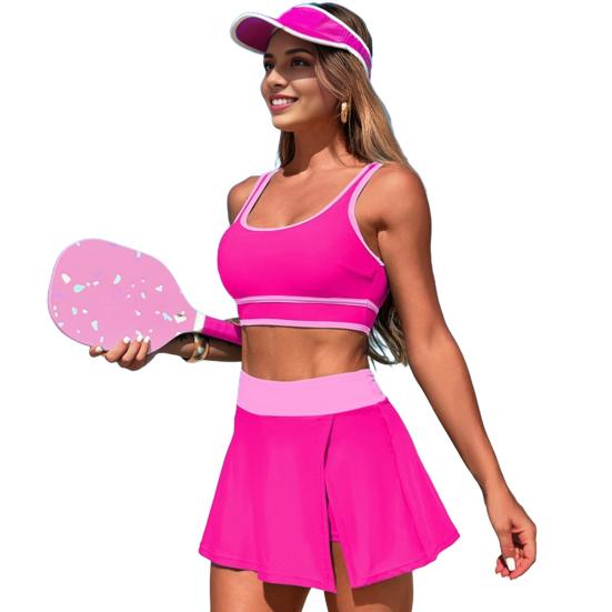 2Pcs/Set Women Tankini Set Low O-Neck Sleeve Tank Tops Tummy Control Side Split Skorts Set Patchwork Color Swimwear