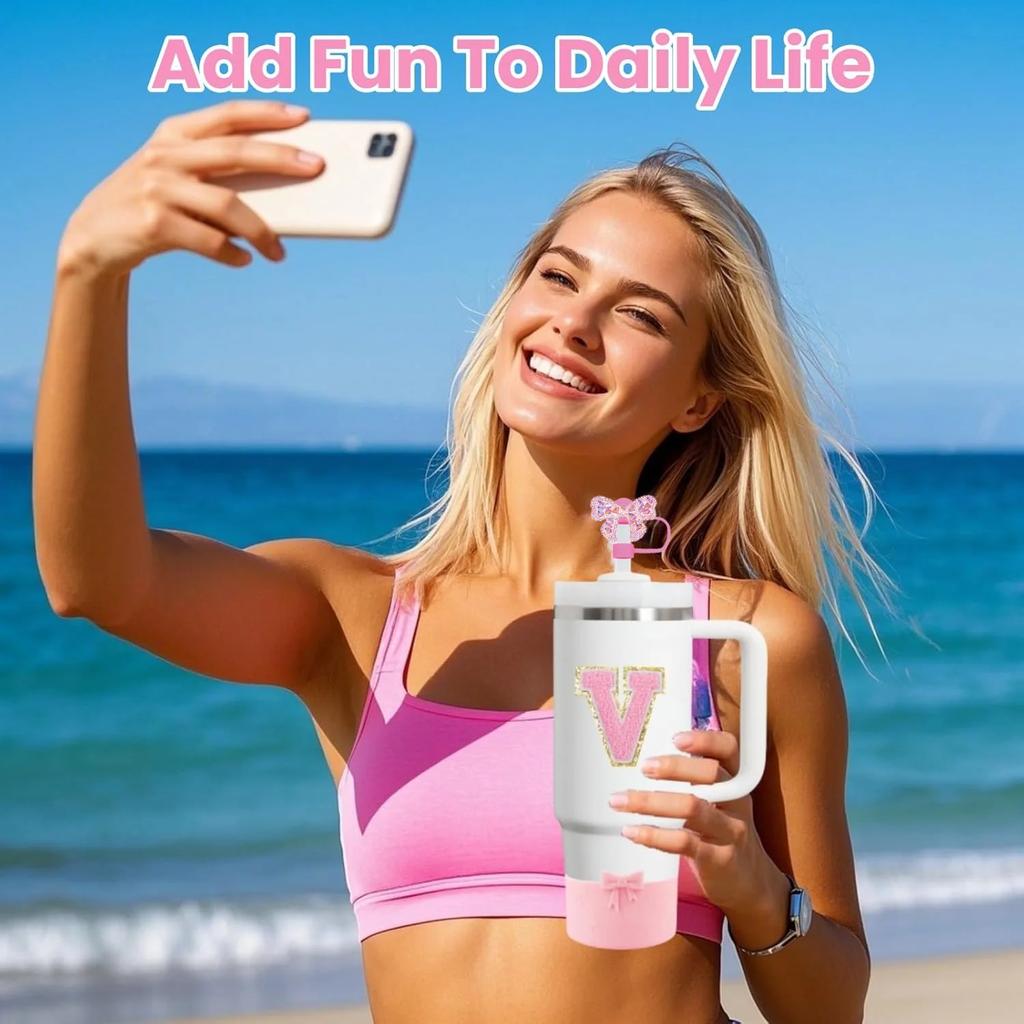 7PCS Pink Accessories for Stanley Cup 30/40 Oz Tumbler with Handle Bow Straw Topper Cover Cap Boot Initials Charm Letter Sticker