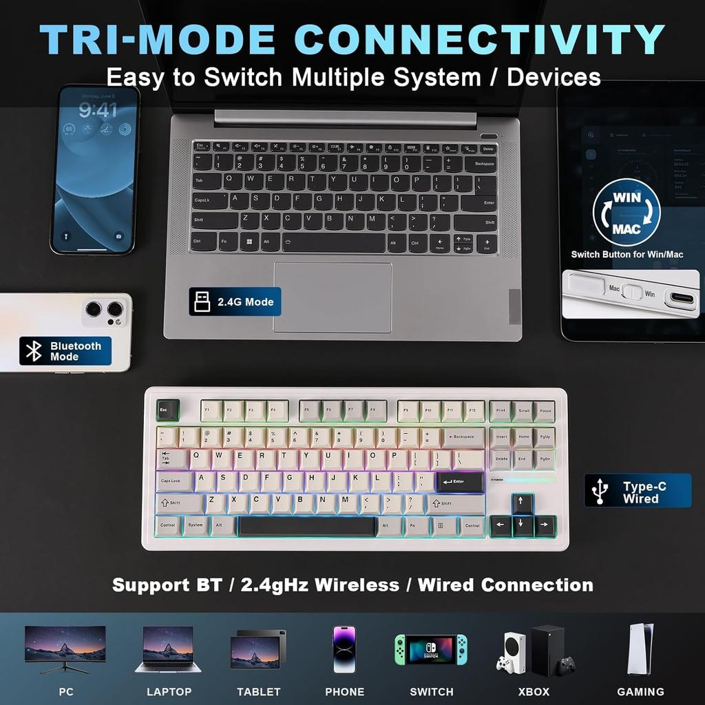 Механическая клавиатура YUNZII YZ87 с TKL, беспроводная, игровая, NKRO, RGB, Сертифицирована на соответствие техническим стандартам, Молочная прокладка, Горячая замена, Клавиатура, 4-уровневая