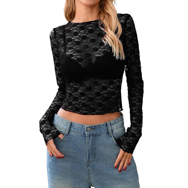 Женский кружевной сетчатый кроп-топ с длинными рукавами