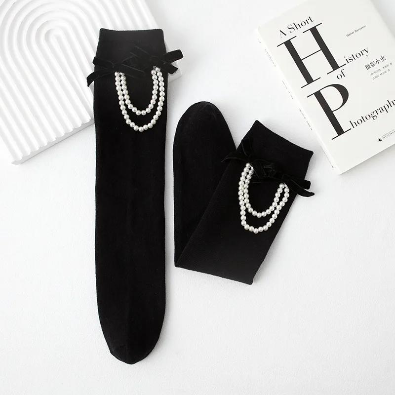 Элегантные гольфы для девочек-принцесс, простые, черного, белого цвета, с перламутровым бантом, детские носки для теленка, мягкие, хлопковые, школьные, ворсистые носки
