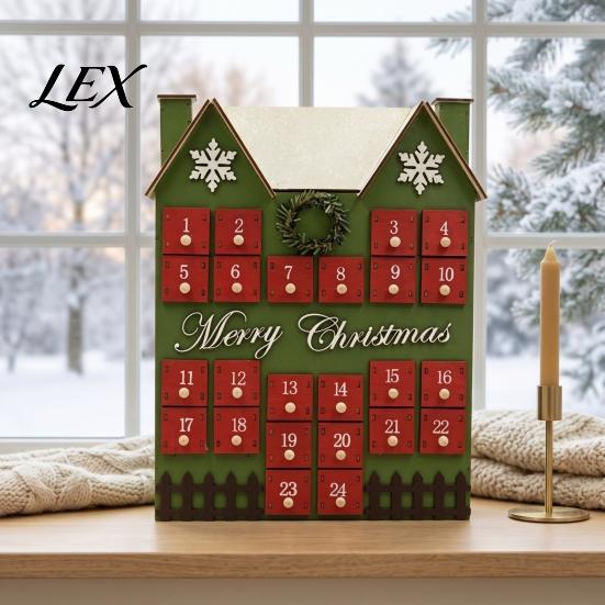 Reusable Christmas Gift Box Wooden House Advent Calendar, with 24 Drawers, Countdown to Festive Desktop Decoration Box, Refillable Xmas Holiday