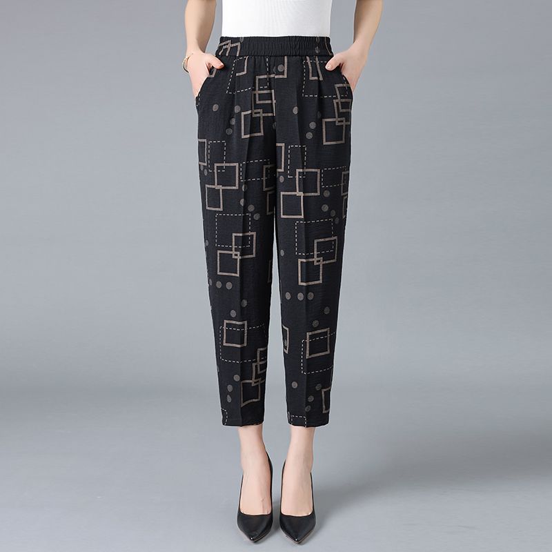 Летние женские свободные брюки-капри, повседневные брюки с высокой талией, тонкие прямые брюки с цветочным принтом длиной до икры, пляжные брюки