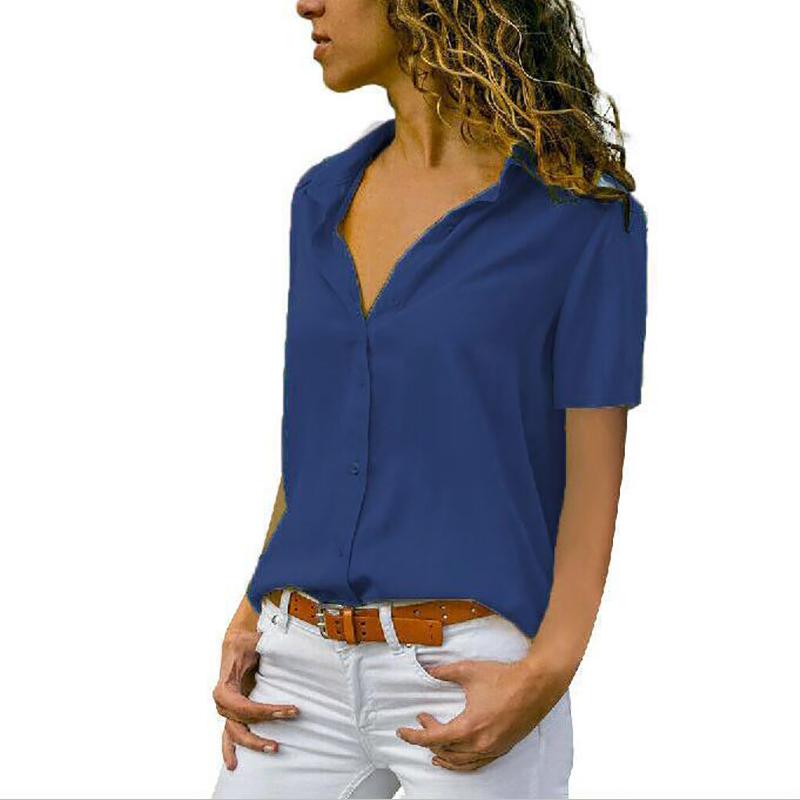 Women V Neck Tops Solid Blouse Short Sleeve Fashion Tees Loose Summer