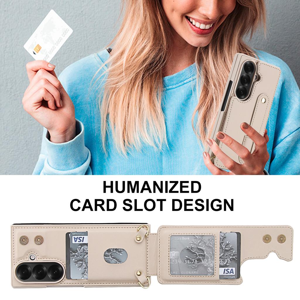 For Samsung Galaxy Z Fold7 5G Case Kickstand Card Slots Leather Coated TPU Cover with Shoulder Strap