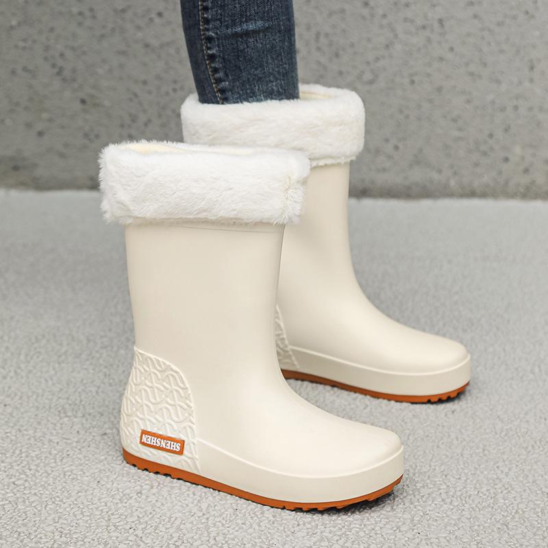 Женские водонепроницаемые нескользящие резиновые сапоги в корейском стиле с бархатной подкладкой для тепла