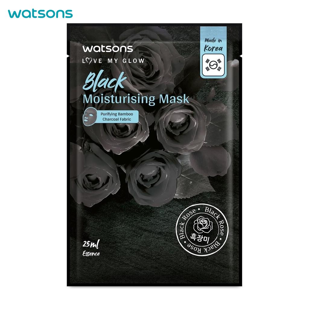 Watsons Love My Glow Black Moisturising Mask, Purify Bamboo Charcoal Fabric, Black Rose, 25 Ml. X 3 Pcs - Facial Mask, Mask Sheet