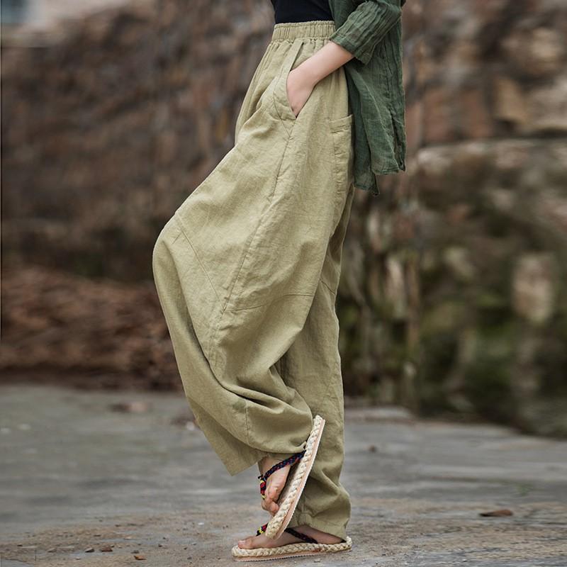 Johnature Женские винтажные широкие брюки Ramie, однотонные брюки с эластичной резинкой на талии, весенние лоскутные свободные женские брюки
