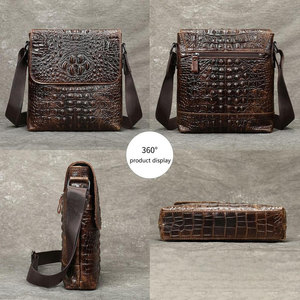 Genuine Leather Messenger Bag Crocodile Embossed Adjustable Strap