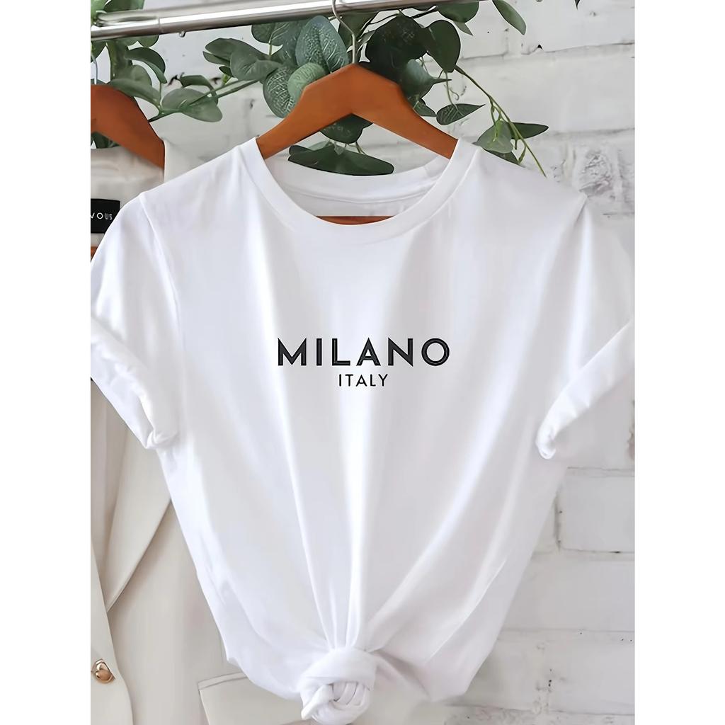 Milano Italy Graphic TShirt Women Casual Minimalist Letter Print Tee Soft Cotton Short Sleeve Crew Neck City Travel Style Top