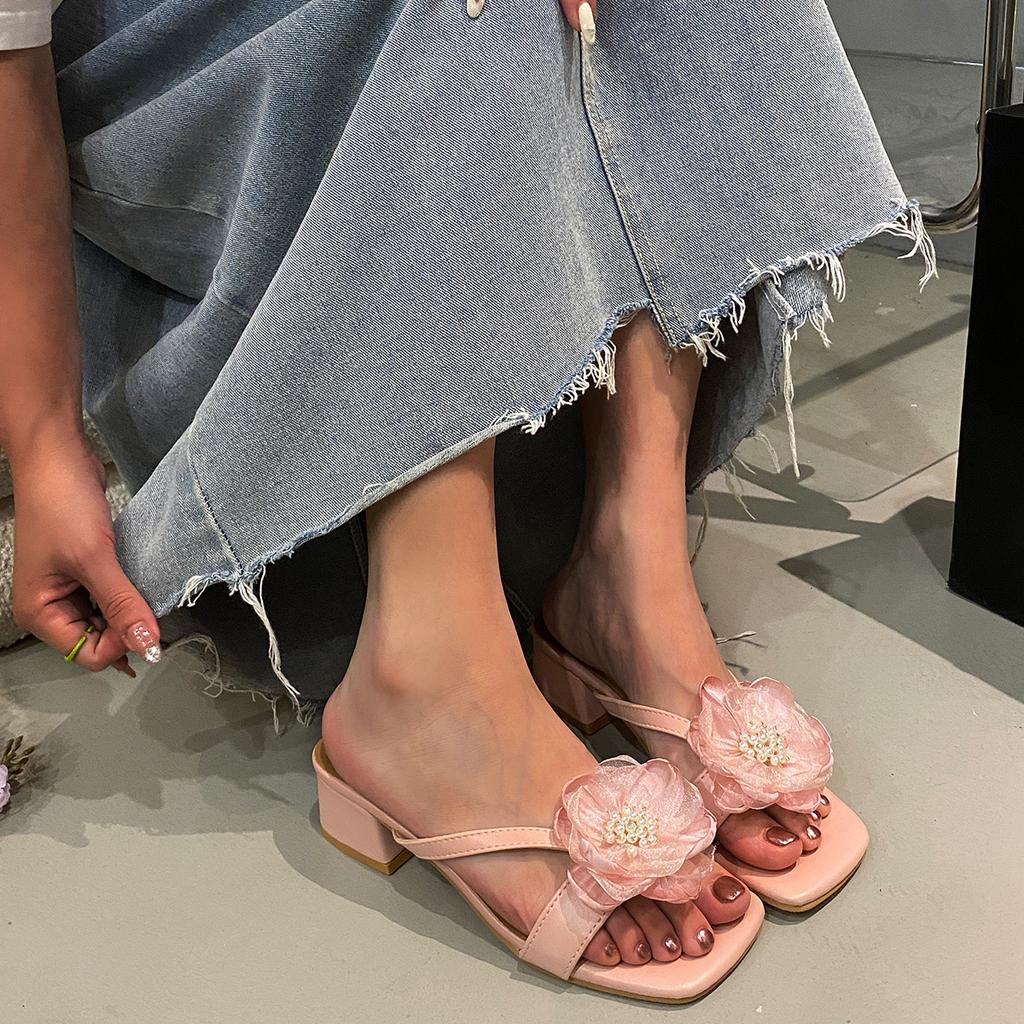 Модные женские сандалии Элегантные туфли на высоком каблуке Украшение цветами Сандалии с открытым носком Туфли на каблуке для вечеринки Модная повседневная уличная обувь