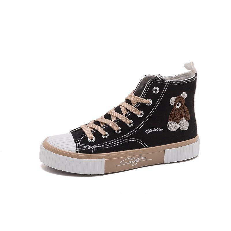 Женские парусиновые кеды с высоким верхом, тройной вулканизацией, ретро, с вышивкой медведя, студенческие повседневные кеды, резиновая подошва, обувь на плоской подошве