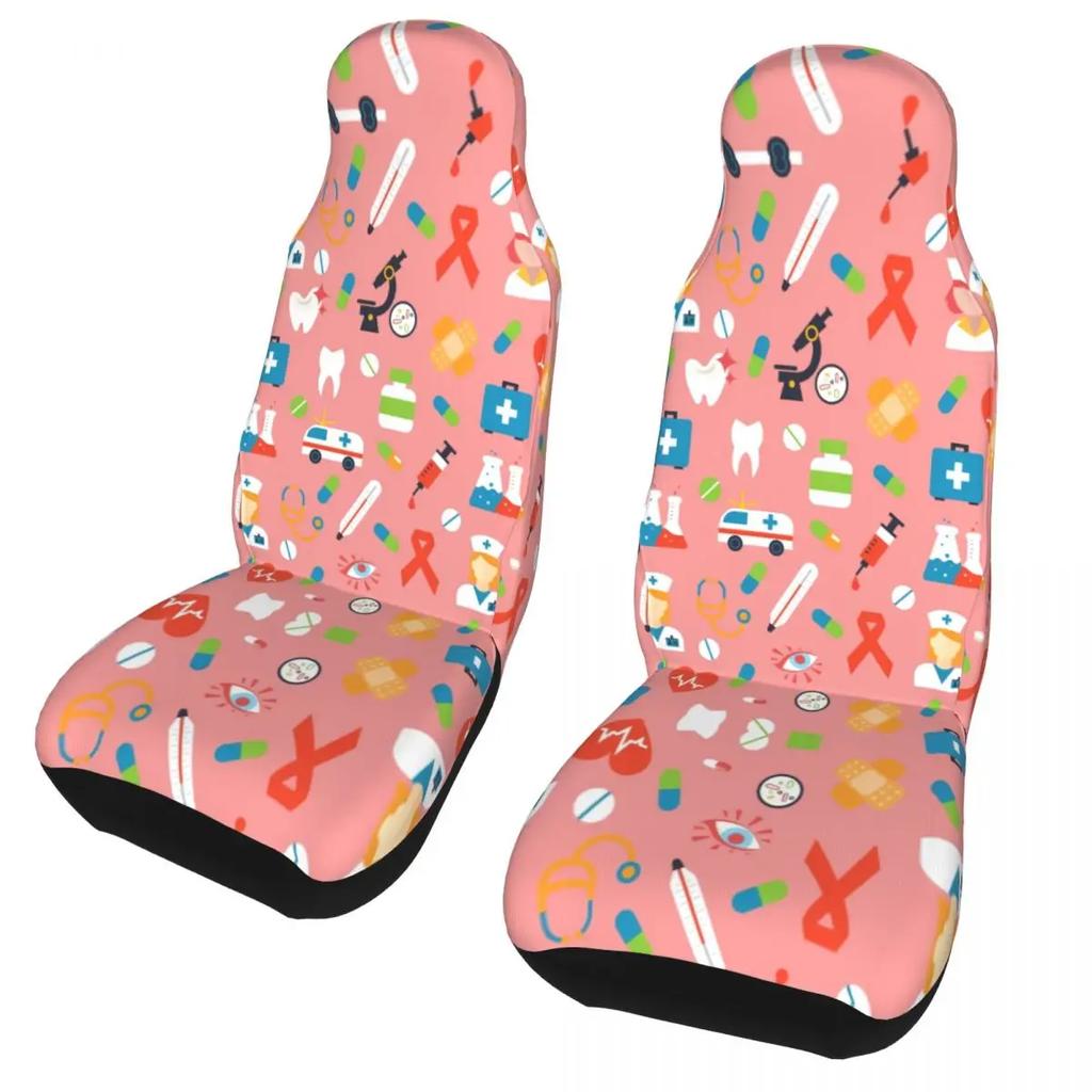 Шапка медсестры Узор сердечки Передний чехол на автосиденье для женщин Принт Чехлы для сидений для медсестер Подходят для любого грузовика, минивэна, дома на колесах, внедорожника 2 шт.