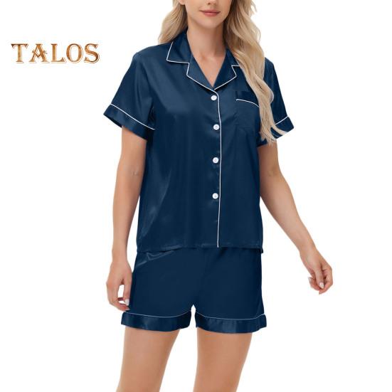 Пижамный костюм из 2 предметов, атласный однобортный кардиган, рубашка с V-образным вырезом, воротником-стойкой, однотонная рубашка с нагрудным карманом, свободные шорты, ночная рубашка, одежда для сна
