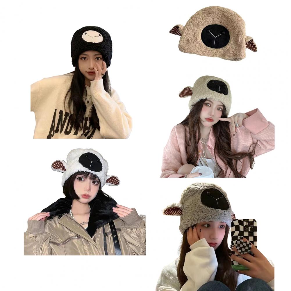 Lady Winter Hat Cartoon Lamb Head Shape Thick Fleece Ear Dome Heat Retention Outdoor Photo Prop Daily Cap