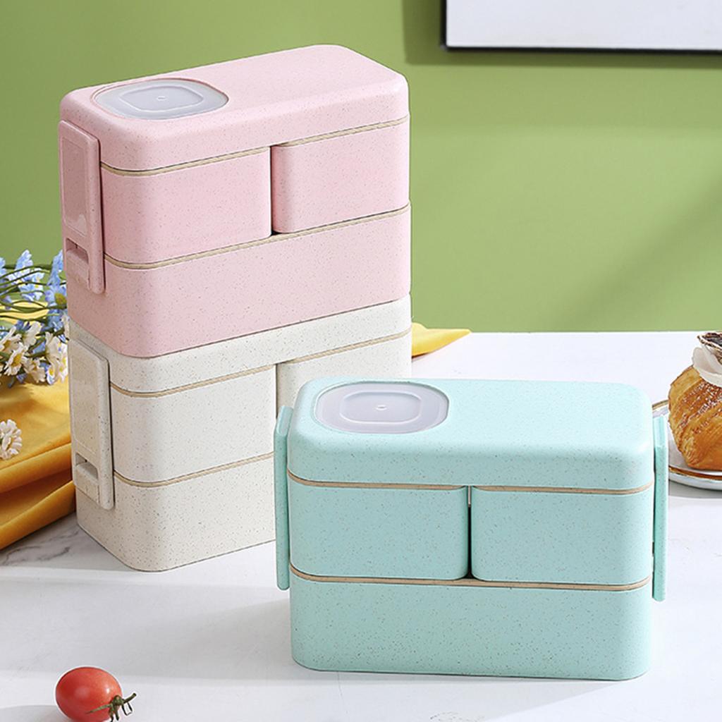 Leak-proof Bento Lunch Box with 3 Compartments Double Layer Buckle Closure Microwave Safe Stackable Salad Box for Kids Adults