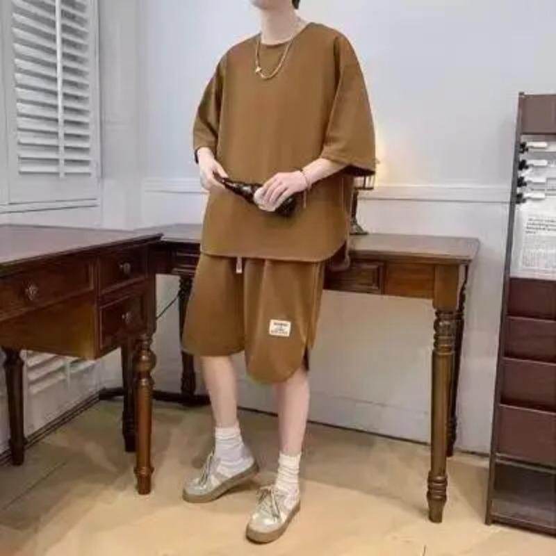 Повседневная спортивная одежда, мужская летняя клетчатая футболка с короткими рукавами и шорты, комплект из 2 предметов, корейский модный уличный стиль 2024 года