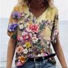 Летний топ с V-образным вырезом и 3D-цветочным принтом, модные повседневные женские футболки с короткими рукавами
