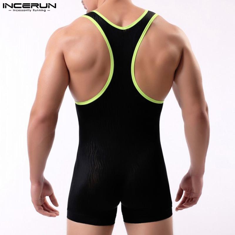 INCERUN Men Sleeveless Patchwork Lace See Through Mesh Playsuit Jumpsuits