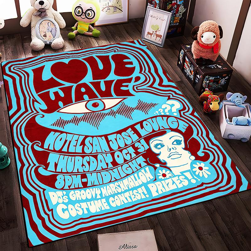 Colorful Retro Psychedelic Art Carpet with "Love Wave" Text Design Suitable for use as an anti-slip for living room bedroom sofas