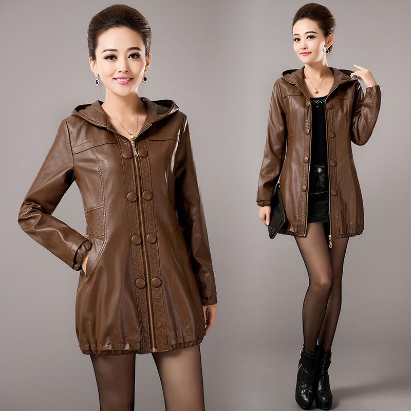 Кожаная куртка с капюшоном для мамы, женское хлопковое пальто средней длины, осень/зима, для тепла, для людей среднего и пожилого возраста, повседневное утягивающее пальто большого размера