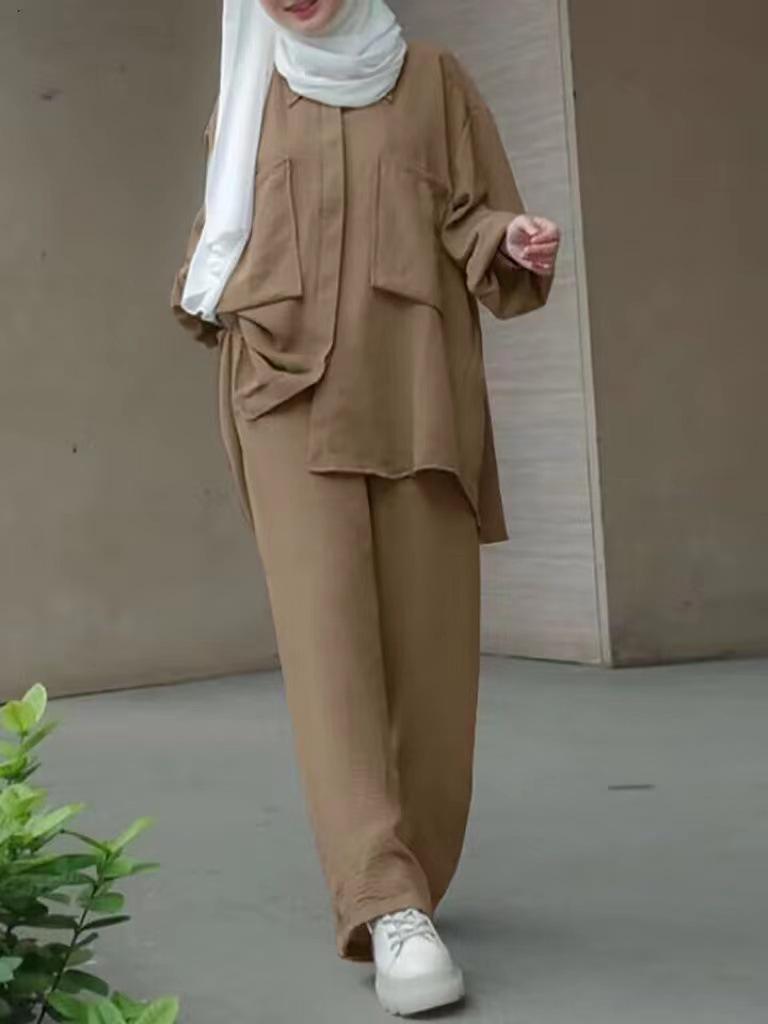 2024 Middle East Muslim Long Sleeve Shirt & Elastic Waist Pants Set with Patch Pocket & Hidden Placket, Yarn-Dyed