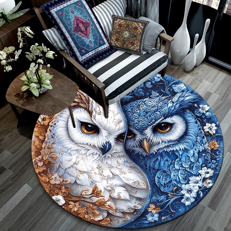 Yin Yang Owls Round Area Rug,Carpet Rug for Living Room Bedroom Sofa Playroom Decor,Non-slip Floor Mat