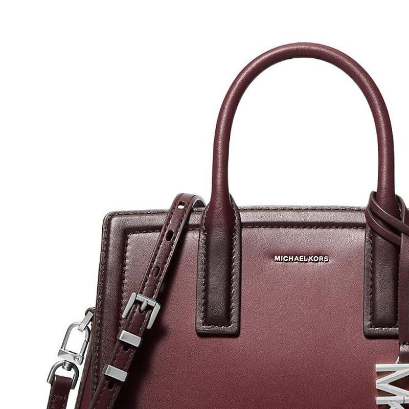MICHAEL KORS Laila brand logo charm silver hardware polished cow split leather handbag small women's brown red