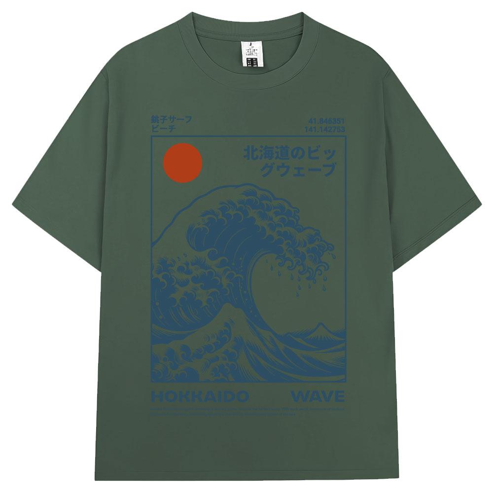 Japanese Style Hokkaido Wave Vintage Tshirt Men Women Harajuku Fashion High Quality T Shirts Oversized Cotton Summer Tee Shirt