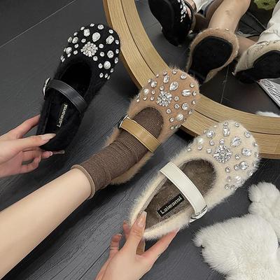 Женские туфли на плоской подошве с мехом, брендовые роскошные туфли, зимняя модная обувь 2025 года, новое платье из хлопка для танцев