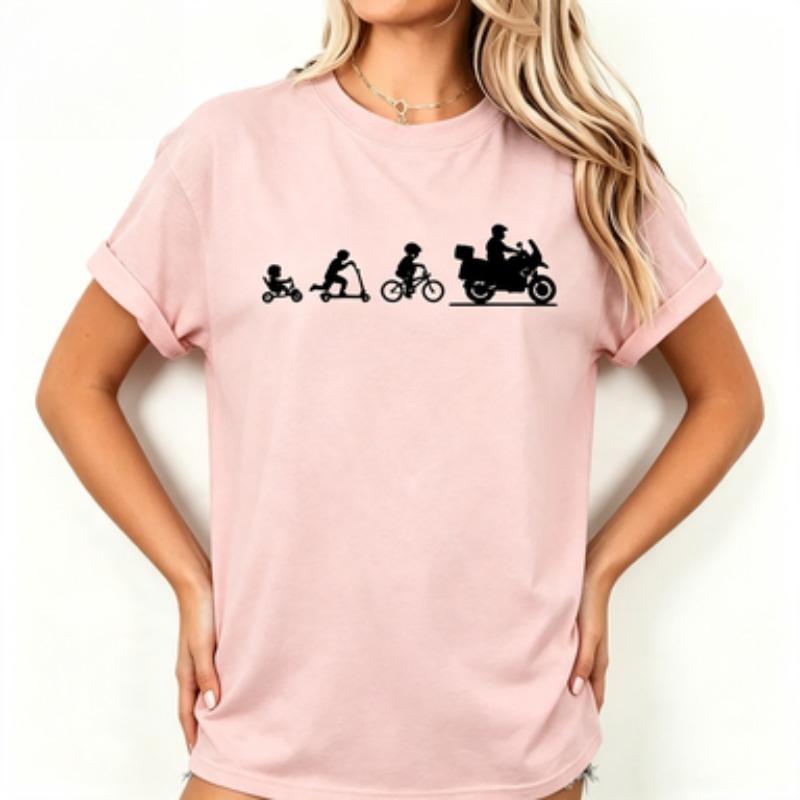 Women Cotton T-Shirt Rider Evolution Silhouette Graphic Tee Kids Bike Scooter To Motorcycle Biker Lover Casual Crew Neck Tops