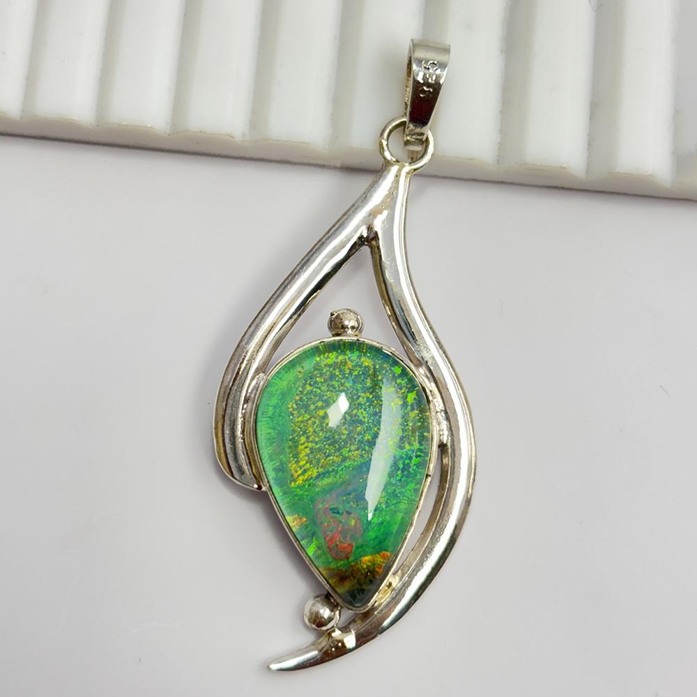 925 Sterling Silver CERTIFIED 39 Ct Natural Opal Pear Pendant For Birthday Gift
