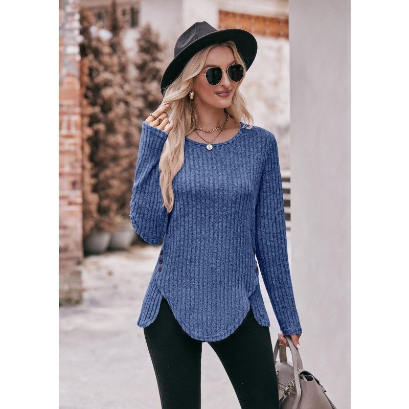 Autumn Winter Long-sleeved Round Neck Top Women's Fashion Casual Irregular Solid Color Street Style Buttons Pullover Tshirt New