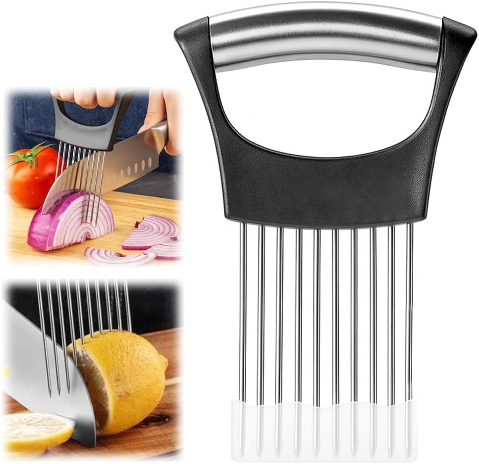 Stainless Steel Onion Holder for Slicing with Protective Case, Onion Cutter Tool for Meat Lemon Potato Tomato