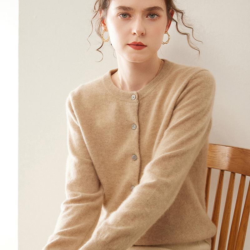 Women's Medium-Thick Cashmere Round Neck Single-Breasted Cardigan Sweater - Spring/Autumn