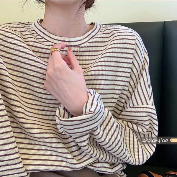 Женская полосатая футболка с длинным рукавом свободного кроя - Круглый вырез, Универсальный слой для весны/осени/зимы